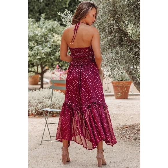 LAST ONE! Gold Polka Dot Halter Maxi Dress With With Ruffles - Picture 4 of 7